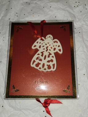 Lenox White Porcelain Angel Charm Ornament with Red Ribbon